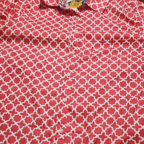 Ruby Rd. Red Geometric 100% Cottom Button-Down Shirt W/ Floral Cuff See Pics - Picture 7 of 9
